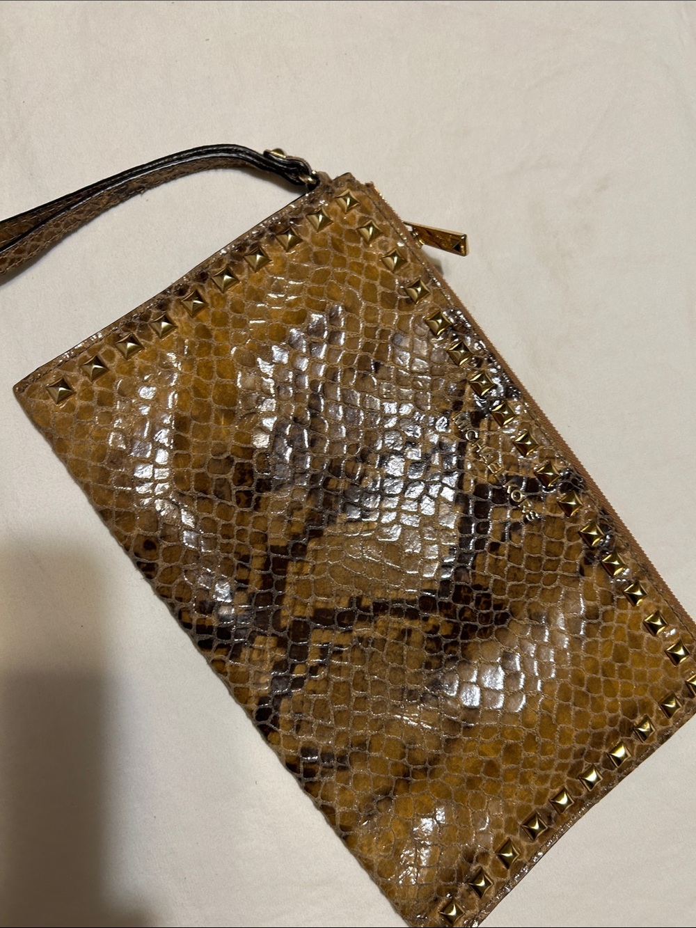 Michael Kors Brown Glossy Snake-Print Studded Wristlet